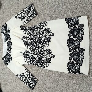 White Long Sleeve Cocktail Dress w Black Lace Print